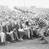 Pigskin Pete works the crowd at Civic Stadium